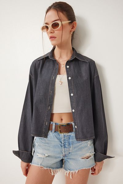 Happiness İstanbul Women's Anthracite Tensel Crop Woven Shirt Kq00010