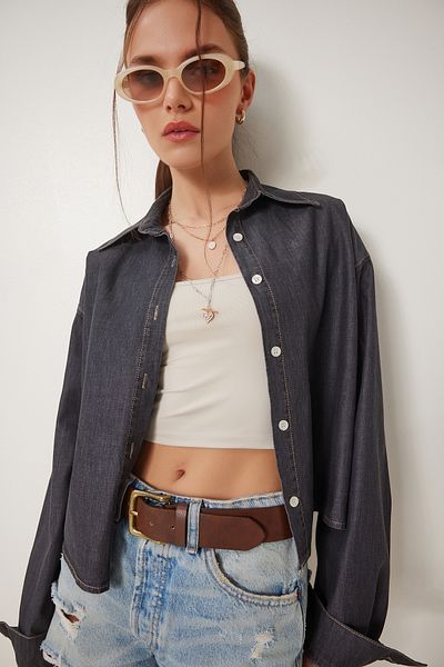 Happiness İstanbul Women's Anthracite Tensel Crop Woven Shirt Kq00010
