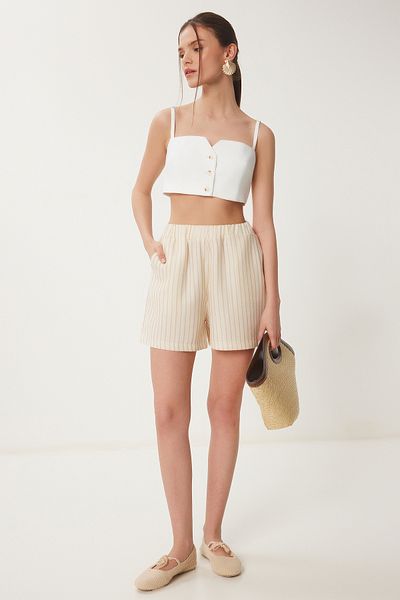 Happiness İstanbul Cremebeige gestreifte Musselin-Shorts mit Taschen für Damen RG00059