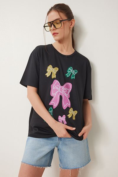 Happiness İstanbul Women's Black Bow Printed Knitted T-Shirt Vn00024