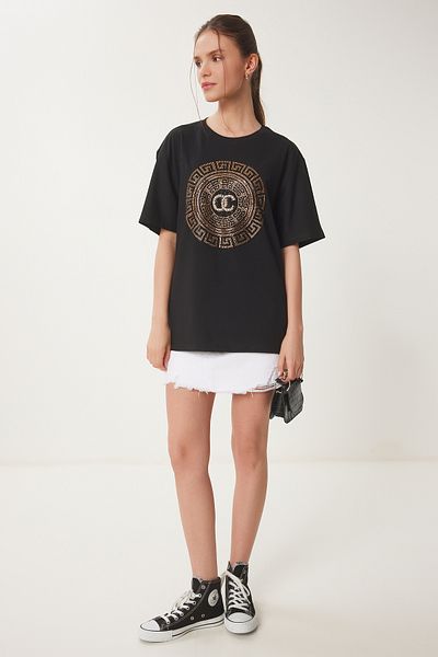 Happiness İstanbul Women's Black Stylish Stone Knitted T-Shirt Bw00005