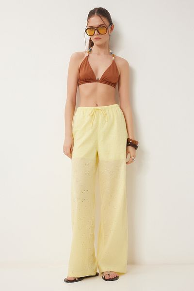 Happiness İstanbul Women's Yellow Scalloped Wide Leg Linen Trousers Rg00058