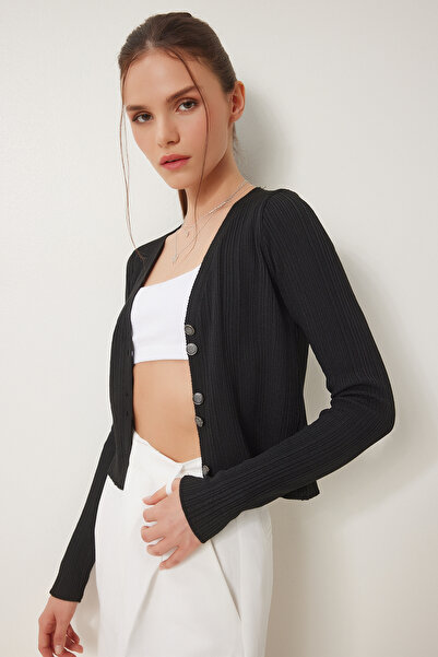 Happiness İstanbul Dámský černý stylový letní pletený svetr na knoflíky ZA00075