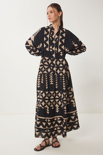 Happiness İstanbul Rochie de vară cu modele cu croi largi, negru, bej, CI00117