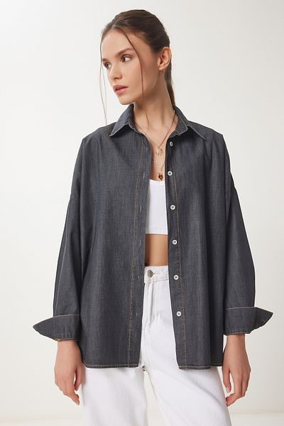 Happiness İstanbul Women's Anthracite Tensel Woven Shirt Kq00009