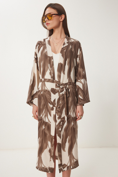 Happiness İstanbul Dámské hnědé krémové vzorované tkané kimono s páskem JE00001