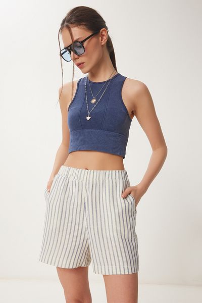 Happiness İstanbul Women's Stone Navy Blue Striped Pocket Muslin Shorts Rg00059