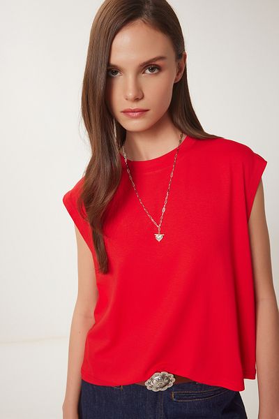 Happiness İstanbul Rotes Basic-Strick-T-Shirt für Damen EN00643