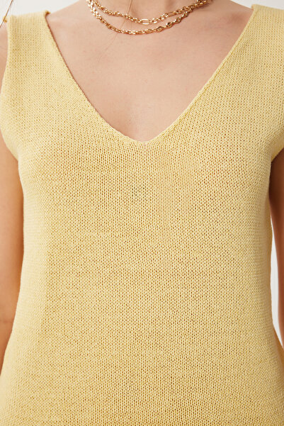 Happiness İstanbul Kadın Sarı V Yaka Yazlık Triko Bluz Kİ00115