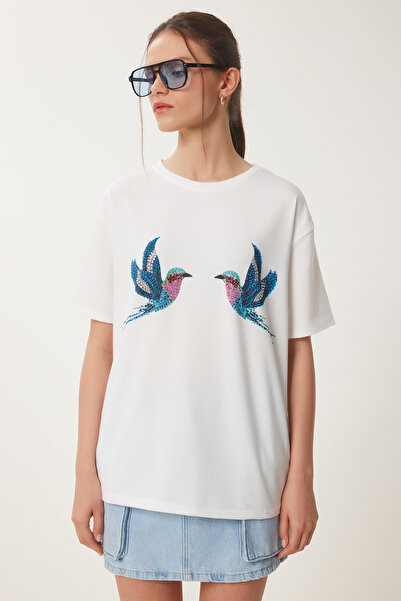 Happiness İstanbul Ecru bedrucktes Damen-T-Shirt mit Steindetails ZV00288