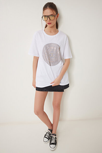 Happiness İstanbul Γυναικείο Πλεκτό Μπλουζάκι Λευκό Κομψό Πέτρινο BW00005