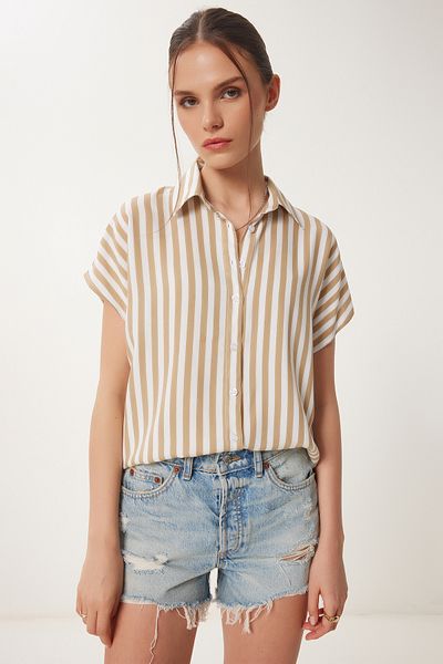Happiness İstanbul Beige-weiß gestreiftes, kurzärmliges Viskosehemd für Damen EN00641