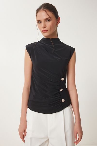 Happiness İstanbul Women's Black Drape Detailed Buttoned Sandy Blouse Rx00057
