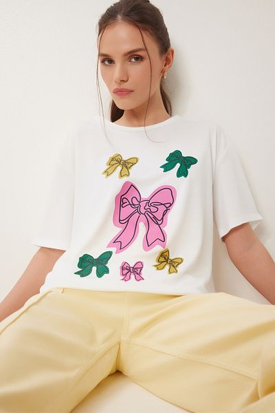 Happiness İstanbul Women's White Bow Printed Knitted T-Shirt Vn00024