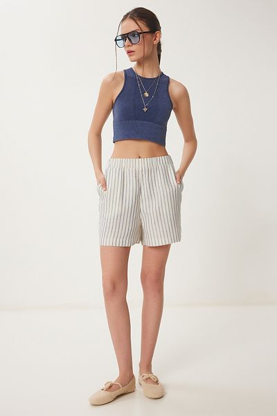 Happiness İstanbul Women's Stone Navy Blue Striped Pocket Muslin Shorts Rg00059