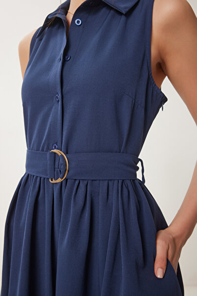 Happiness İstanbul Kadın Lacivert Kemerli Poplin Midi Gömlek Elbise UB00354