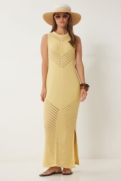 Happiness İstanbul Rochie de tricotaj de vară galbenă ajurata pentru femei Kİ00114
