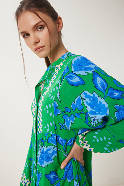 Happiness İstanbul Γυναικείο Πράσινο Μπλε Φαρδύ Καλοκαιρινό Φόρεμα CI00117