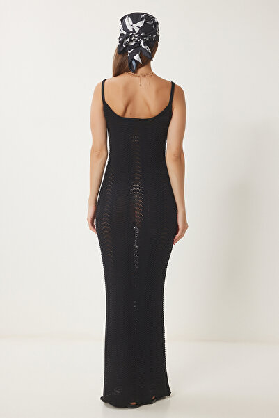 Happiness İstanbul Dámské černé šaty s průhledným letním úpletem ER00056