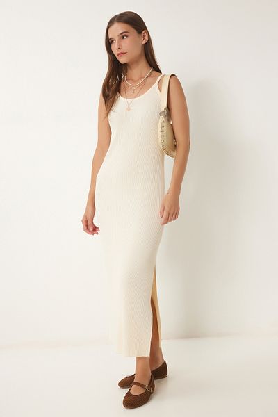 Happiness İstanbul Cremefarbenes Sommer-Strickkleid für Damen mit Trägern Kİ00112