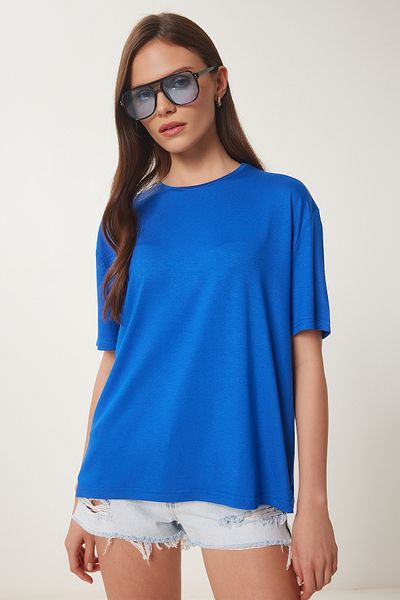 Happiness İstanbul Dunkelblaues Basic-Strick-T-Shirt für Damen EN00642