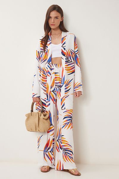 Happiness İstanbul Orange-weiß gemusterter Viskose-Kimono-Hosenanzug für Damen JE00002