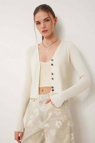 Happiness İstanbul Women's Cream Stylish Buttoned Summer Knitwear Cardigan Za00075