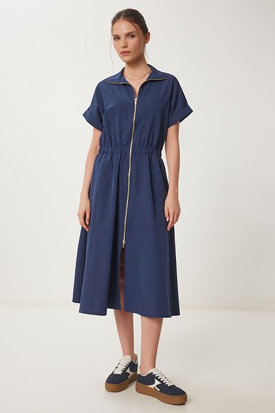 Happiness İstanbul Women's Navy Blue Zippered Midi Poplin Dress Ub00375