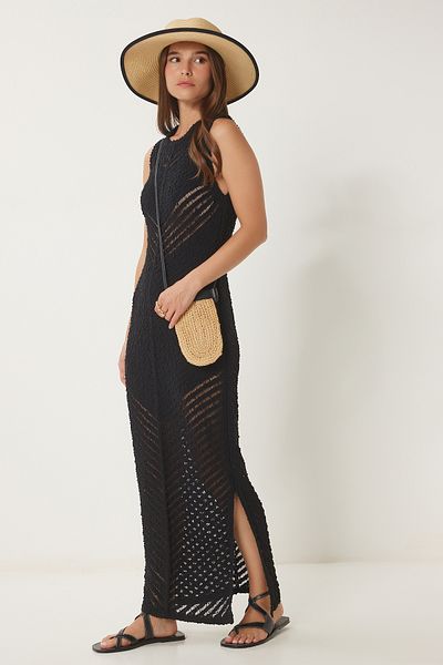 Happiness İstanbul Rochie neagră de tricotaj de vară ajurata pentru femei Kİ00114