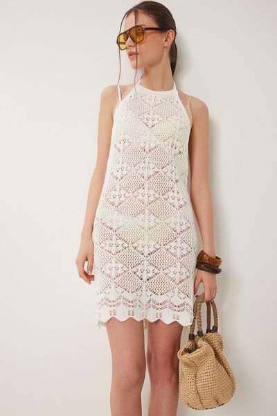 Happiness İstanbul Women's Bone Backless Mini Knitwear Beach Dress Ki̇00118