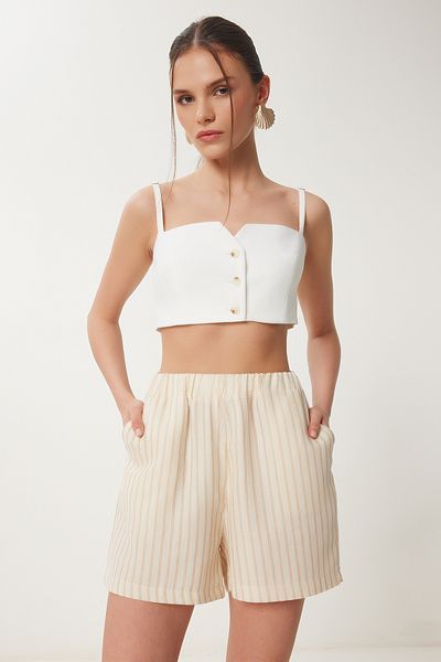 Happiness İstanbul Cremebeige gestreifte Musselin-Shorts mit Taschen für Damen RG00059