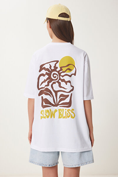 Happiness İstanbul Weißes bedrucktes Baumwoll-Strick-T-Shirt für Damen ZV00300