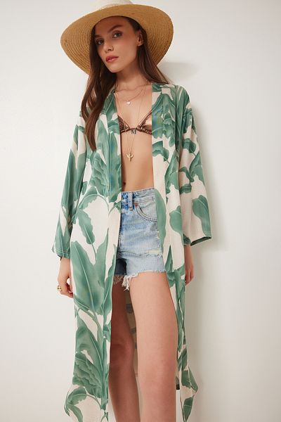 Happiness İstanbul Dámské zelené krémové vzorované tkané kimono s páskem JE00001