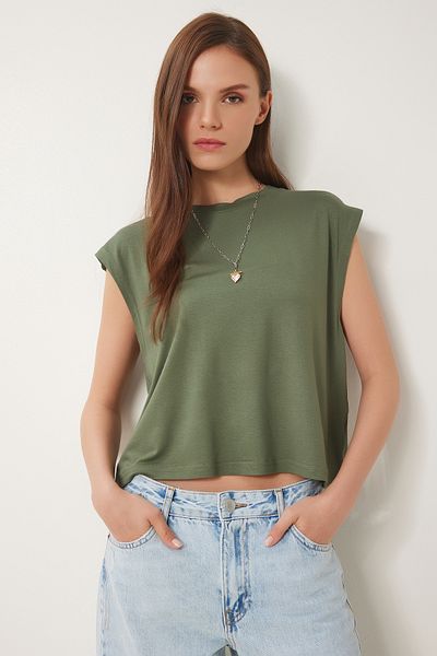 Happiness İstanbul Khakifarbenes Basic-Strick-T-Shirt für Damen EN00643