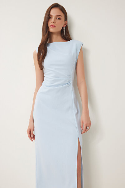 Happiness İstanbul Kadın Gök Mavi Vatkalı Drapeli Midi Dokuma Elbise WF00101
