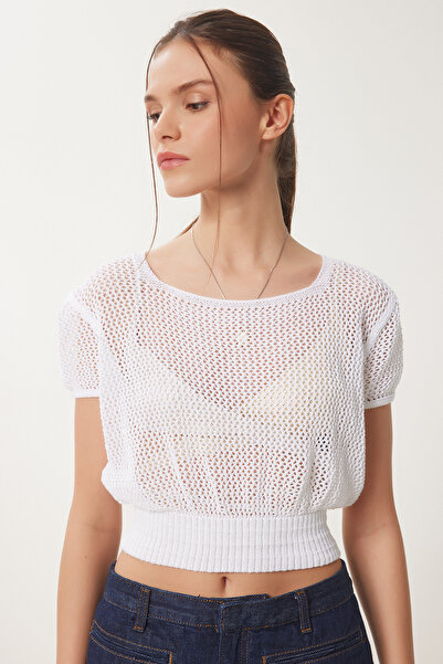 Happiness İstanbul Weiße durchbrochene Sommer-Crop-Strickbluse für Damen ZA00076