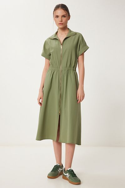 Happiness İstanbul Khakifarbenes Midi-Popeline-Kleid mit Reißverschluss für Damen UB00375