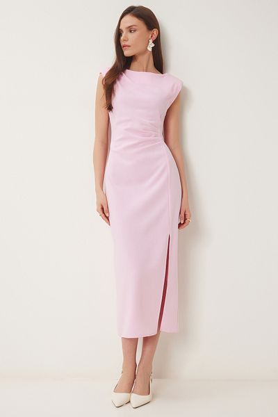 Happiness İstanbul Rosa wattiertes drapiertes Midi-Webkleid für Damen WF00101