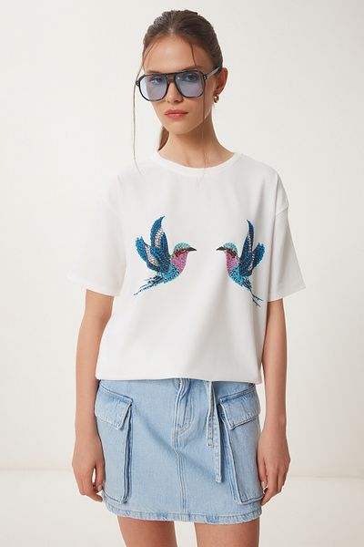Happiness İstanbul Ecru bedrucktes Damen-T-Shirt mit Steindetails ZV00288