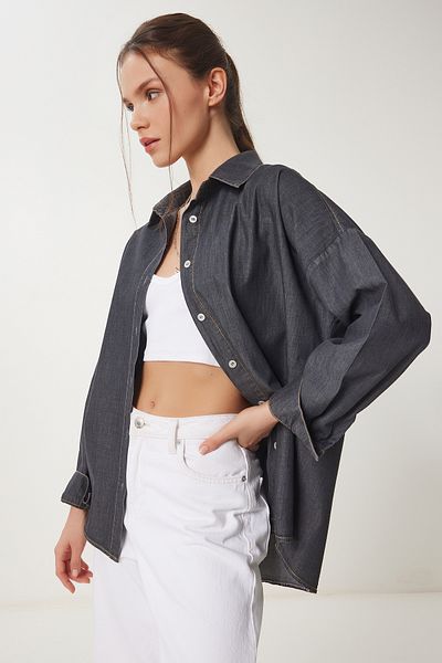 Happiness İstanbul Women's Anthracite Tensel Woven Shirt Kq00009