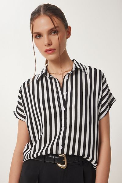 Happiness İstanbul Women's Black White Striped Short Sleeve Viscose Shirt En00641