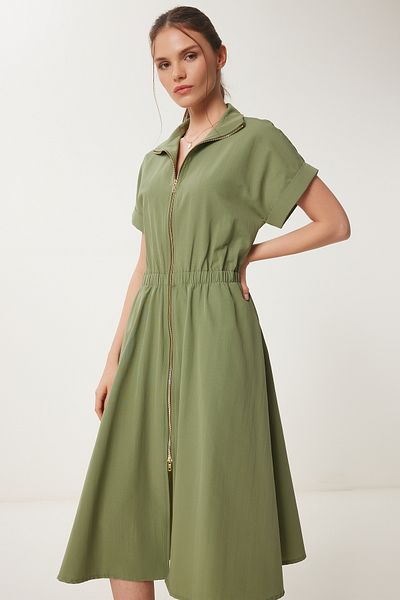 Happiness İstanbul Khakifarbenes Midi-Popeline-Kleid mit Reißverschluss für Damen UB00375