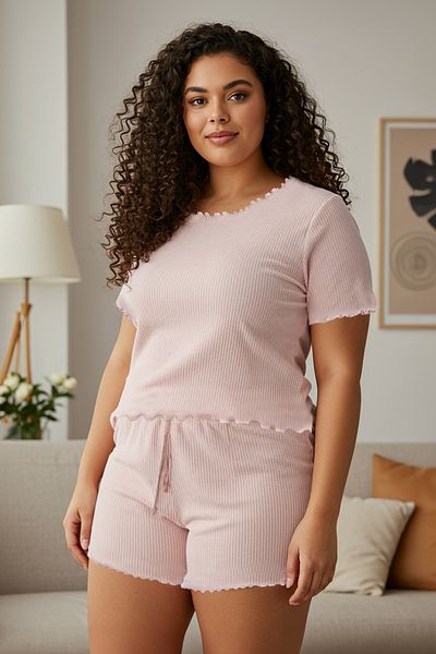 Trendyol Curve Powder Baby Overlock Detailliertes, geripptes, gestricktes Pyjama-Set TBBSS25AI00040