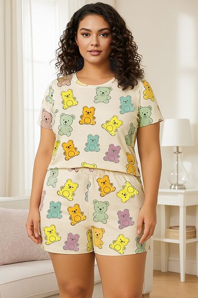 Trendyol Curve Ecrufarbenes Strick-Pyjama-Set mit Jelibon-Muster TBBSS24AI00040