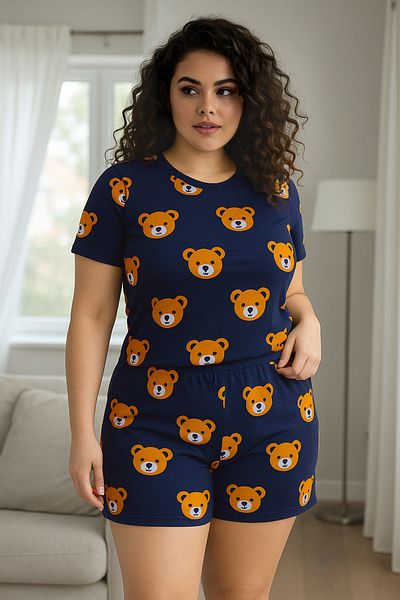 Trendyol Curve Sötétkék Teddy Bear nyomott pamut kötött pizsama szett TBBSS23AI00022