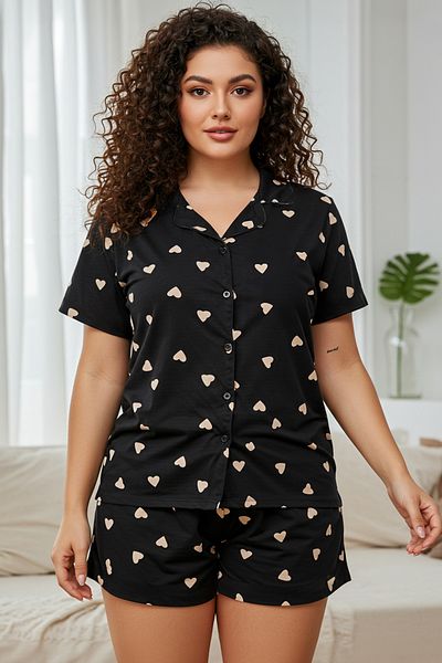 Trendyol Curve Schwarzes, herzförmiges, gestricktes Pyjama-Set mit Hemdkragen TBBSS24AI00026