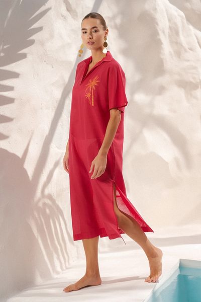 Trendyol Collection Φούξια Maxi Woven 100% βαμβακερό κέντημα φόρεμα παραλίας TBESS25EL00026