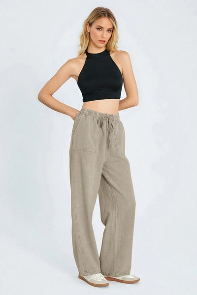 Trendyol Collection Green Pocket Detailed Denim Look Wide Leg/Wide Leg Woven Pants Twoss25Pl00076