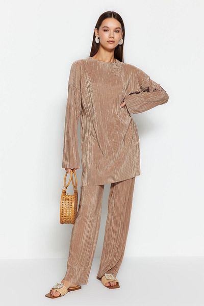 Trendyol Modest Světle hnědá samoplisovaná tkaná sada nahoře a dole TCTSS24US00007