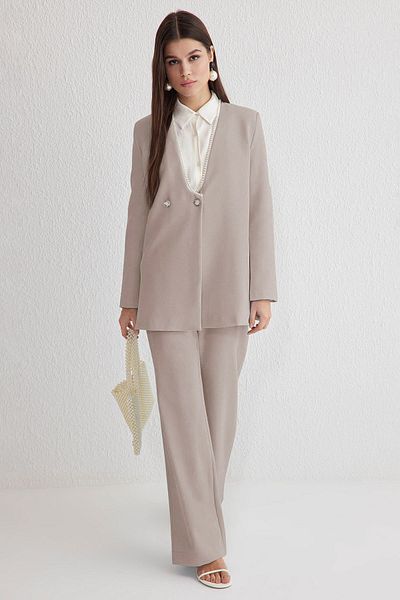 Trendyol Modest Beige Pearl Detailed Jacket-Pants Woven Bottom-Top Suit Tctss25Us00008